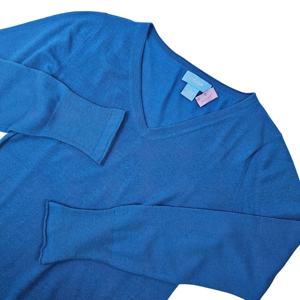 Y2K Barneys New York CO-OP Women's Large 100% Cashmere Blue‎ V-Neck Sweater L/S